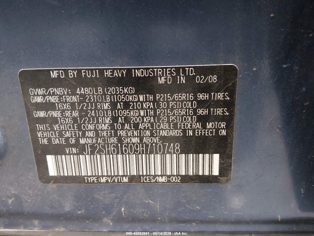 2009 Subaru Forester 2.5x მანქანა იყიდება აუქციონზე, vin: JF2SH61609H710748, აუქციონის ნომერი: 45082881