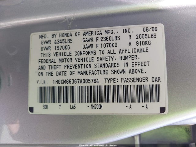 45082892 :رقم المزاد ، 1HGCM66367A005764 vin ، 2007 Honda Accord 3.0 Lx مزاد بيع