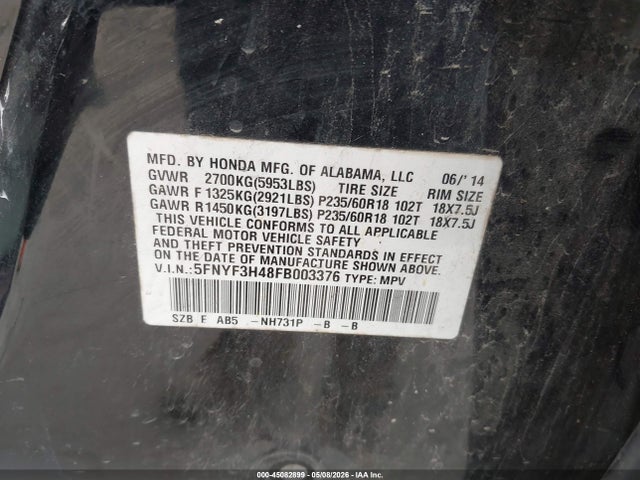 Aukcja sprzedaży 2015 Honda Pilot Ex, vin: 5FNYF3H48FB003376, numer aukcji: 45082899