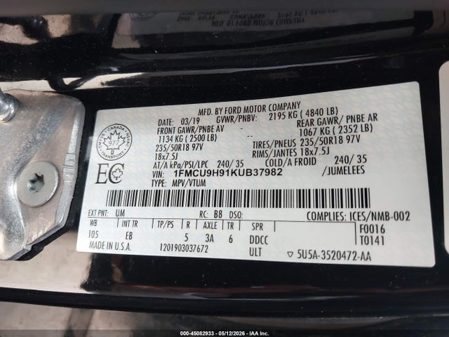 Aukcja sprzedaży 2019 Ford Escape Sel, vin: 1FMCU9H91KUB37982, numer aukcji: 45082933