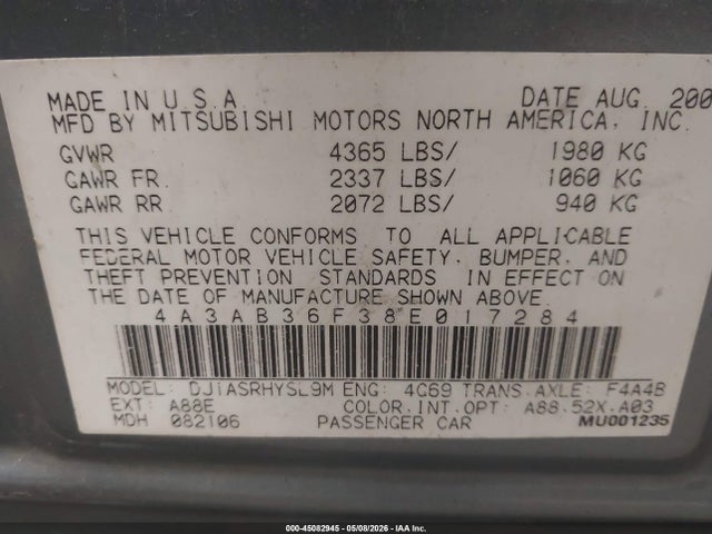 Продаж на аукціоні авто 2008 Mitsubishi Galant Es, vin: 4A3AB36F38E017284, номер лоту: 45082945
