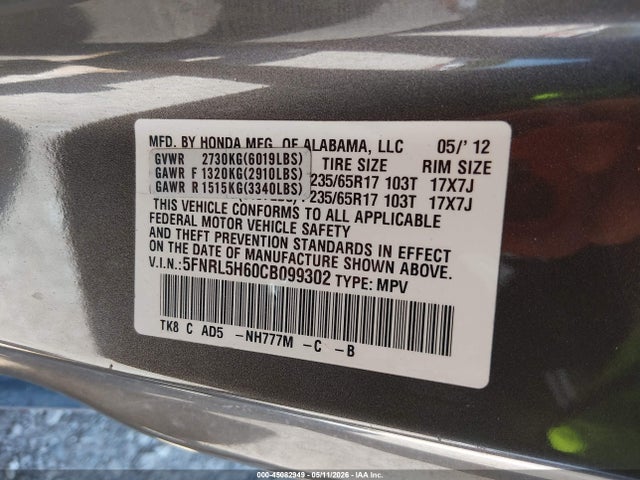 45082949 :رقم المزاد ، 5FNRL5H60CB099302 vin ، 2012 Honda Odyssey Ex-l مزاد بيع