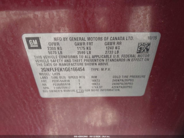 45082960 :رقم المزاد ، 2GNFLFEK1G6166454 vin ، 2016 Chevrolet Equinox Lt مزاد بيع