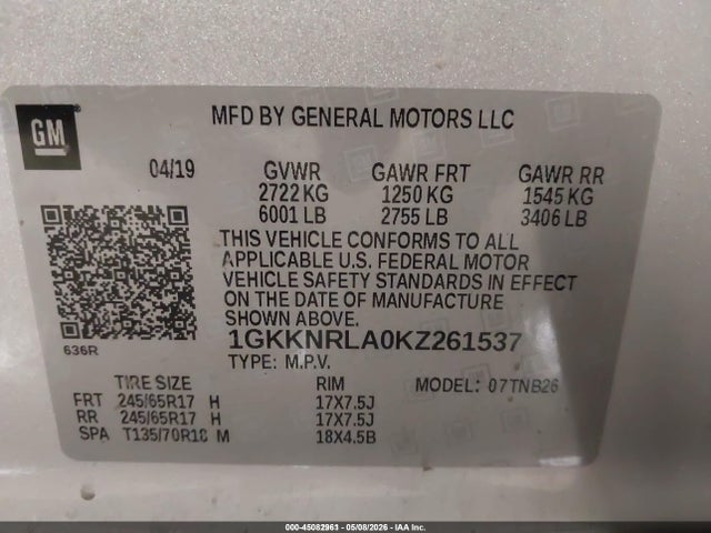 Aukcja sprzedaży 2019 Gmc Acadia Sle-1, vin: 1GKKNRLA0KZ261537, numer aukcji: 45082961
