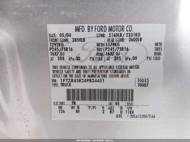 Aukcja sprzedaży 2004 Ford Ranger Edge/tremor/xlt, vin: 1FTZR45E24PB34451, numer aukcji: 45082966