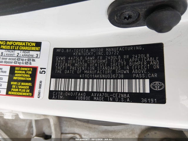 Aukcja sprzedaży 2022 Toyota Camry Le, vin: 4T1C11AK6NU036738, numer aukcji: 45082977
