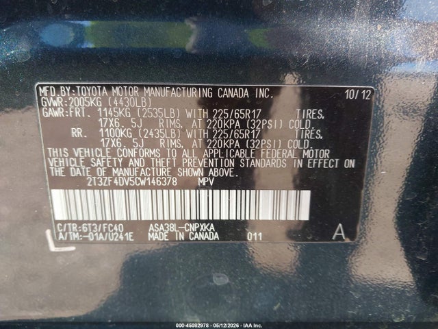 Aukcja sprzedaży 2012 Toyota Rav4, vin: 2T3ZF4DV5CW146378, numer aukcji: 45082978