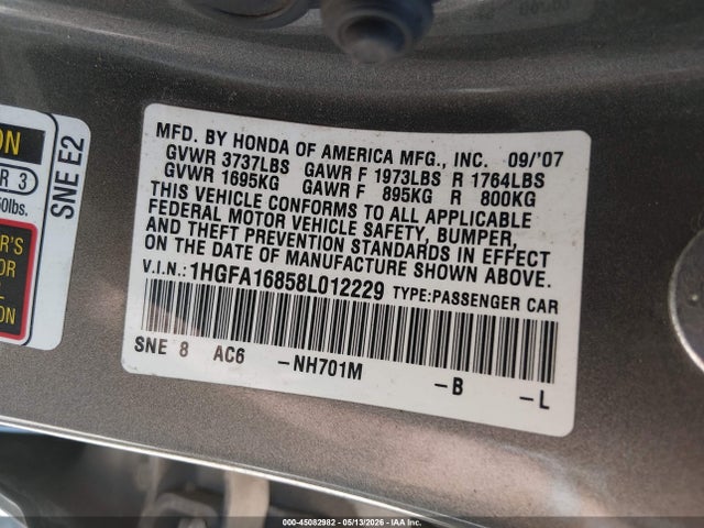Aukcja sprzedaży 2008 Honda Civic Ex, vin: 1HGFA16858L012229, numer aukcji: 45082982