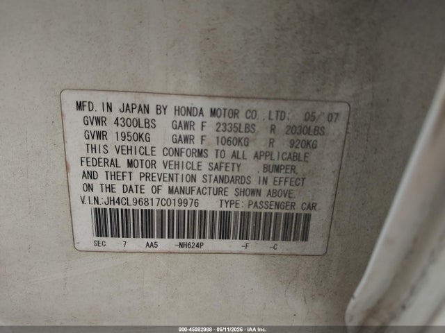 Продаж на аукціоні авто 2007 Acura Tsx, vin: JH4CL96817C019976, номер лоту: 45082988