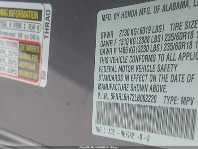 5FNRL6H72LB062220 Honda Odyssey Ex-l/ex-l W/navi Res