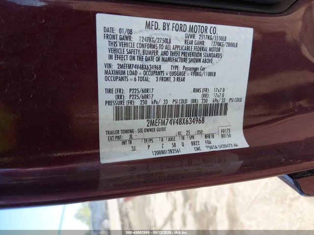 45082995 :رقم المزاد ، 2MEFM74V48X634968 vin ، 2008 Mercury Grand Marquis Gs مزاد بيع