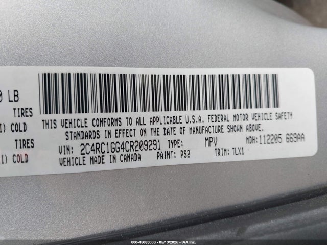 2012 Chrysler Town & Country Limited მანქანა იყიდება აუქციონზე, vin: 2C4RC1GG4CR209291, აუქციონის ნომერი: 45083003