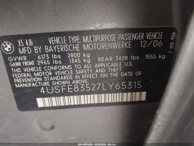 Aukcja sprzedaży 2007 Bmw X5 4.8i, vin: 4USFE83527LY65315, numer aukcji: 45083008