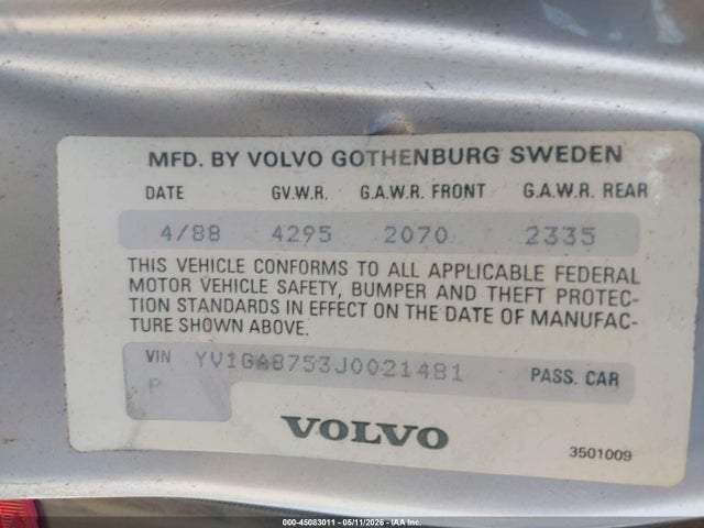1988 Volvo 760 Gle მანქანა იყიდება აუქციონზე, vin: YV1GA8753J0021481, აუქციონის ნომერი: 45083011