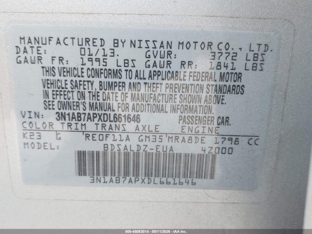 Aukcja sprzedaży 2013 Nissan Sentra Sv, vin: 3N1AB7APXDL661646, numer aukcji: 45083014