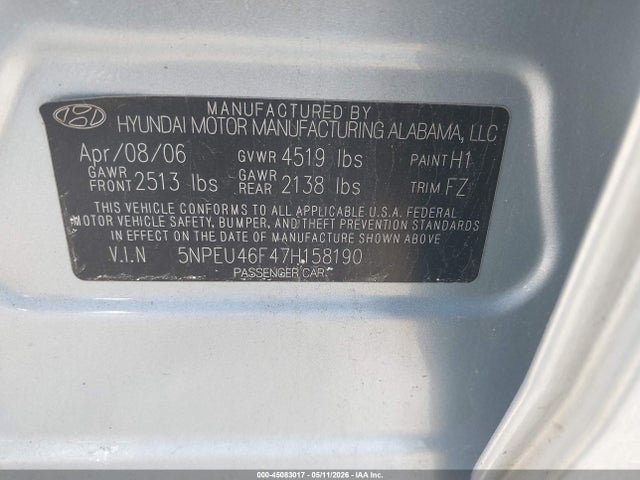 Продаж на аукціоні авто 2007 Hyundai Sonata Limited/se V6, vin: 5NPEU46F47H158190, номер лоту: 45083017