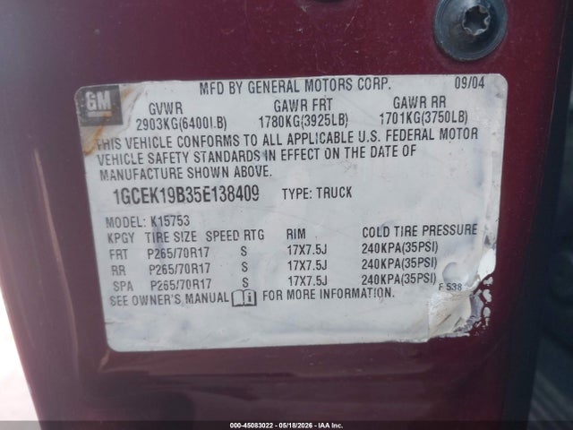 2005 Chevrolet Silverado 1500 Z71 მანქანა იყიდება აუქციონზე, vin: 1GCEK19B35E138409, აუქციონის ნომერი: 45083022