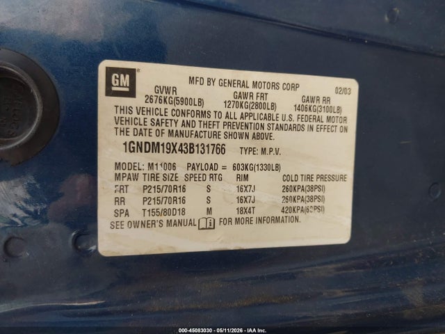 2003 Chevrolet Astro მანქანა იყიდება აუქციონზე, vin: 1GNDM19X43B131766, აუქციონის ნომერი: 45083030