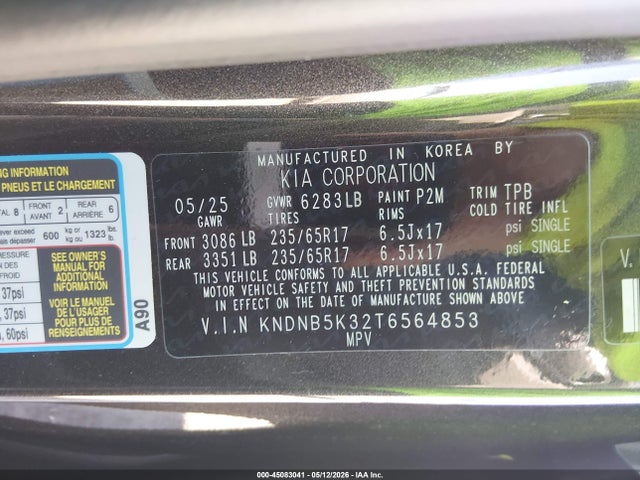 45083041 :رقم المزاد ، KNDNB5K32T6564853 vin ، 2026 Kia Carnival Mpv Lxs مزاد بيع