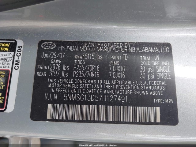 2007 Hyundai Santa Fe Gls მანქანა იყიდება აუქციონზე, vin: 5NMSG13D57H127491, აუქციონის ნომერი: 45083053