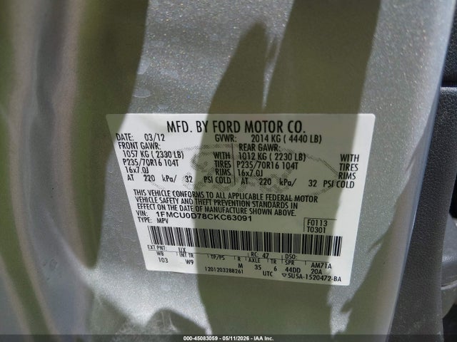 Aukcja sprzedaży 2012 Ford Escape Xlt, vin: 1FMCU0D78CKC63091, numer aukcji: 45083059