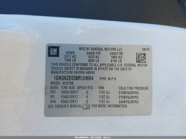 45083081 :رقم المزاد ، 1GNSK2E03BR124664 vin ، 2011 Chevrolet Tahoe Commercial Fleet مزاد بيع