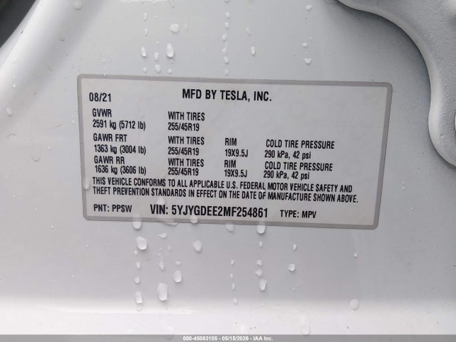 45083105 :رقم المزاد ، 5YJYGDEE2MF254861 vin ، 2021 Tesla Model Y Long Range Dual Motor All-wheel Drive مزاد بيع