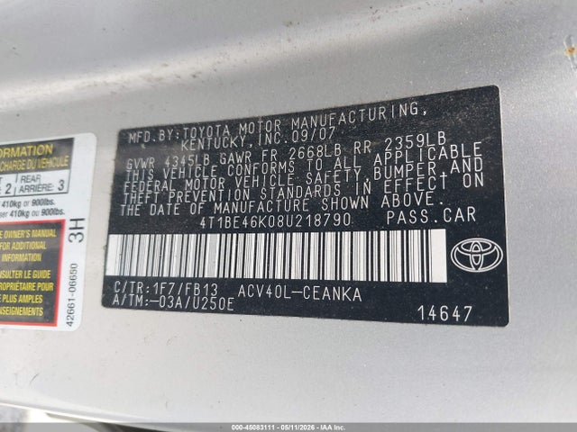 Auction sale of the 2008 Toyota Camry Le, vin: 4T1BE46K08U218790, lot number: 45083111