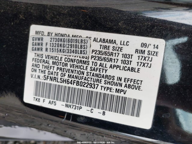 Honda Odyssey Ex-l 2015 5FNRL5H64FB022937 Image 9