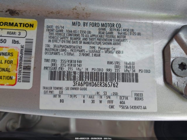 2014 Ford Fusion Se მანქანა იყიდება აუქციონზე, vin: 3FA6P0HD6ER365762, აუქციონის ნომერი: 45083125