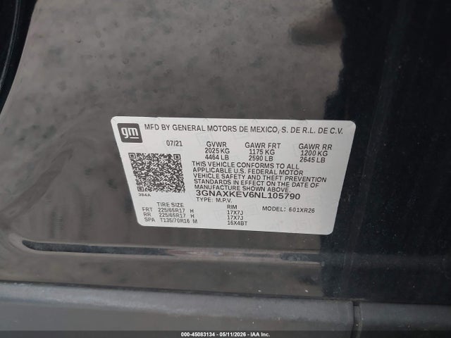 Продаж на аукціоні авто 2022 Chevrolet Equinox Fwd Lt, vin: 3GNAXKEV6NL105790, номер лоту: 45083134