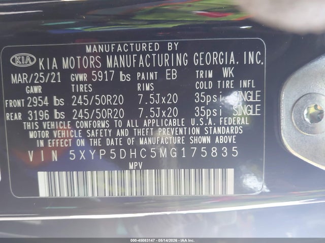 45083147 :رقم المزاد ، 5XYP5DHC5MG175835 vin ، 2021 Kia Telluride Sx مزاد بيع