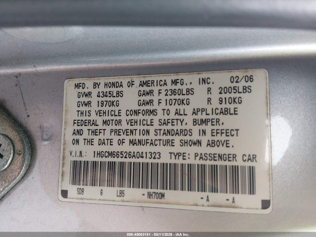 Продаж на аукціоні авто 2006 Honda Accord 3.0 Ex, vin: 1HGCM66526A041323, номер лоту: 45083151