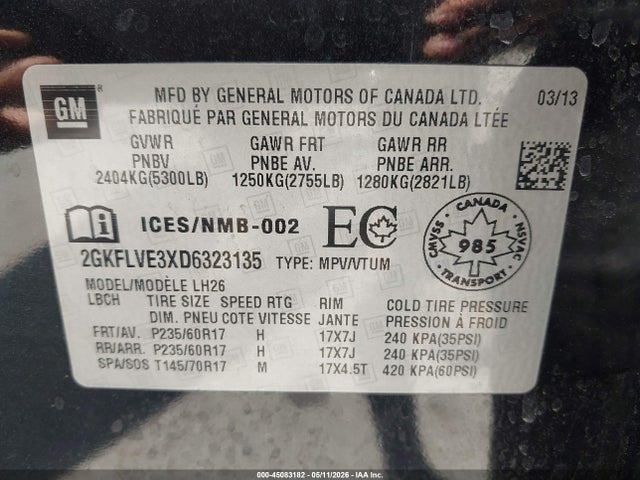 2013 Gmc Terrain Slt-1 მანქანა იყიდება აუქციონზე, vin: 2GKFLVE3XD6323135, აუქციონის ნომერი: 45083182