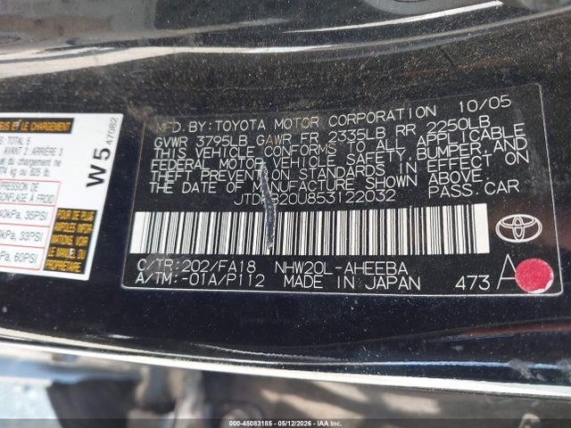 Aukcja sprzedaży 2005 Toyota Prius, vin: JTDKB20U853122032, numer aukcji: 45083185