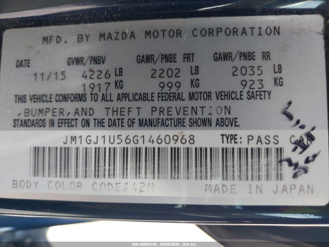 2016 Mazda Mazda6 I Sport მანქანა იყიდება აუქციონზე, vin: JM1GJ1U56G1460968, აუქციონის ნომერი: 45083188