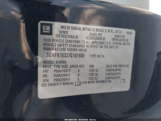 Aukcja sprzedaży 2007 Chevrolet Suburban 1500 Ls, vin: 3GNFK16337G181930, numer aukcji: 45083199