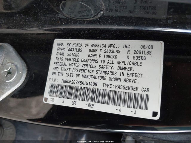 Aukcja sprzedaży 2008 Honda Accord 2.4 Ex, vin: 1HGCP26768A151408, numer aukcji: 45083204