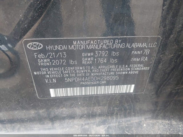 45083205 :رقم المزاد ، 5NPDH4AE5DH298095 vin ، 2013 Hyundai Elantra Limited مزاد بيع