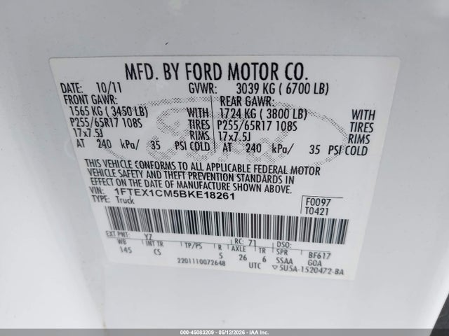 Продажа на аукционе авто 2011 Ford F-150 Stx, vin: 1FTEX1CM5BKE18261, номер лота: 45083209