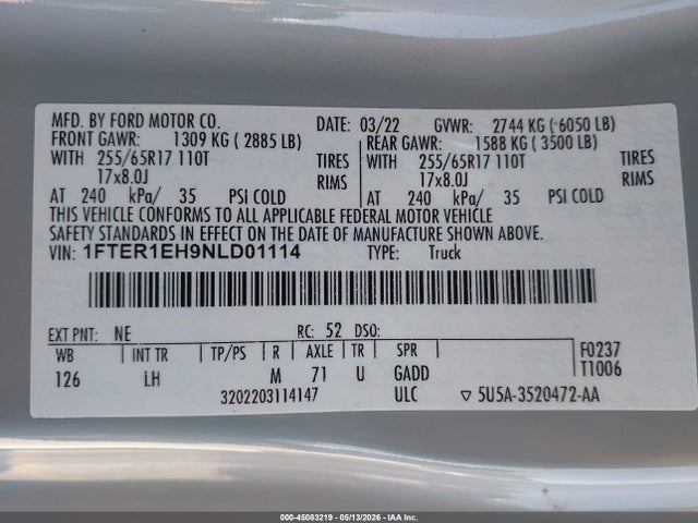 Ford RANGER XL 2022 1FTER1EH9NLD01114 Image 9