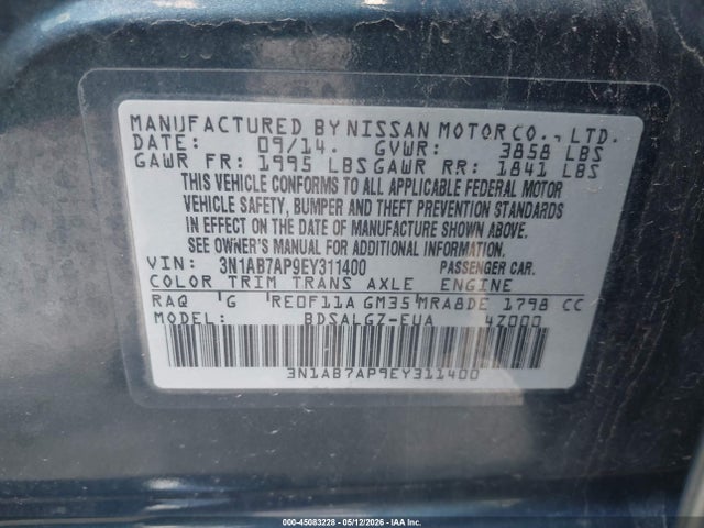 Aukcja sprzedaży 2014 Nissan Sentra Sl, vin: 3N1AB7AP9EY311400, numer aukcji: 45083228