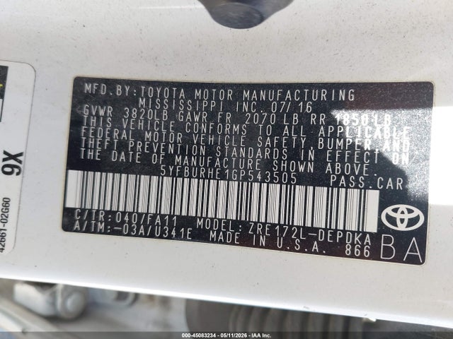 Продаж на аукціоні авто 2016 Toyota Corolla L, vin: 5YFBURHE1GP543505, номер лоту: 45083234