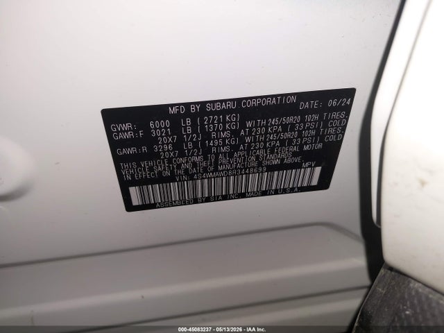 2024 Subaru Ascent Touring 7-passenger მანქანა იყიდება აუქციონზე, vin: 4S4WMAWD8R3448699, აუქციონის ნომერი: 45083237