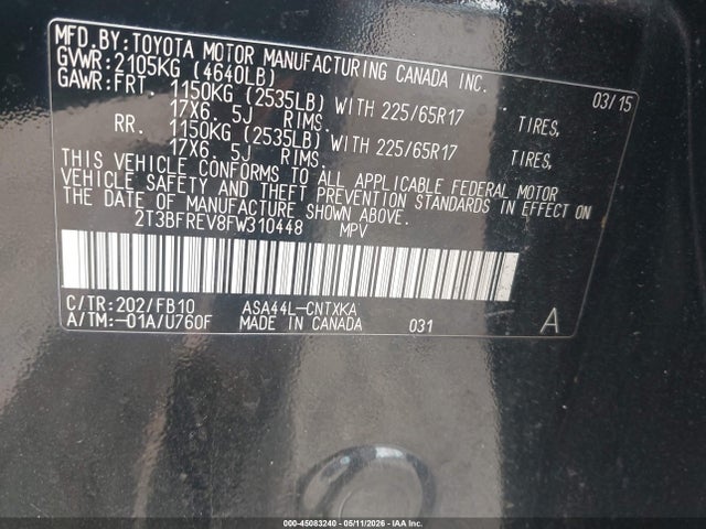 Продажа на аукционе авто 2015 Toyota Rav4 Le, vin: 2T3BFREV8FW310448, номер лота: 45083240