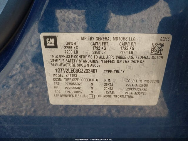 Aukcja sprzedaży 2016 Gmc Sierra 1500, vin: 1GTV2LEC6GZ233407, numer aukcji: 45083241