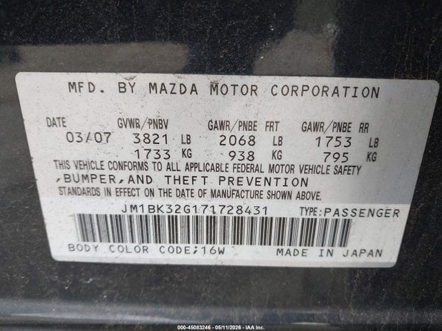 2007 Mazda Mazda3 I Touring მანქანა იყიდება აუქციონზე, vin: JM1BK32G171728431, აუქციონის ნომერი: 45083246