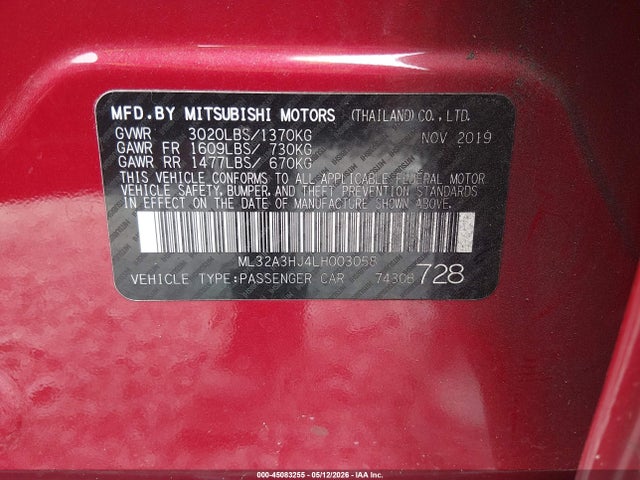 Aukcja sprzedaży 2020 Mitsubishi Mirage Es, vin: ML32A3HJ4LH003058, numer aukcji: 45083255