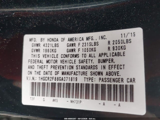 2016 Honda Accord Ex-l მანქანა იყიდება აუქციონზე, vin: 1HGCR2F88GA071819, აუქციონის ნომერი: 45083257