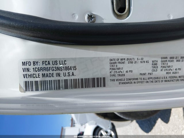 2022 Ram 1500 Classic Tradesman  4x2 6'4 Box მანქანა იყიდება აუქციონზე, vin: 1C6RR6FG3NS186415, აუქციონის ნომერი: 45083261